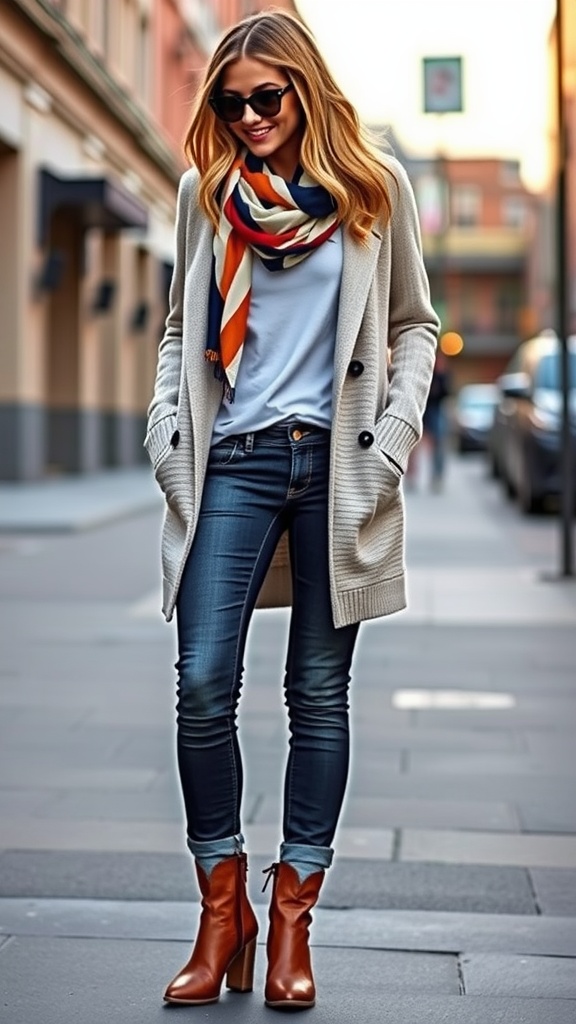 A layered outfit with a fitted top, cardigan, jacket, tailored jeans, and stylish boots in an urban setting.